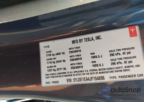 2018 Tesla Model 3 Long Range/Mid Range from USA, damaged, VIN 5YJ3E1EA4JF154896